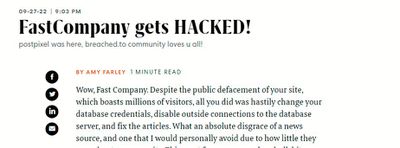 «Ουάου, Fast Company. Παρά τη δημόσια παραμόρφωση του ιστότοπού σας, ο οποίος διαθέτει εκατομμύρια επισκέπτες, το μόνο που κάνατε ήταν να αλλάξετε βιαστικά τα διαπιστευτήρια της βάσης δεδομένων σας, να απενεργοποιήσετε τις εξωτερικές συνδέσεις με τον διακομιστή της βάσης δεδομένων και να διορθώσετε τα άρθρα. Τι απόλυτη ντροπή για μια πηγή ειδήσεων και που προσωπικά θα απέφευγα λόγω του πόσο λίγο ενδιαφέρονται για την ασφάλεια των χρηστών».