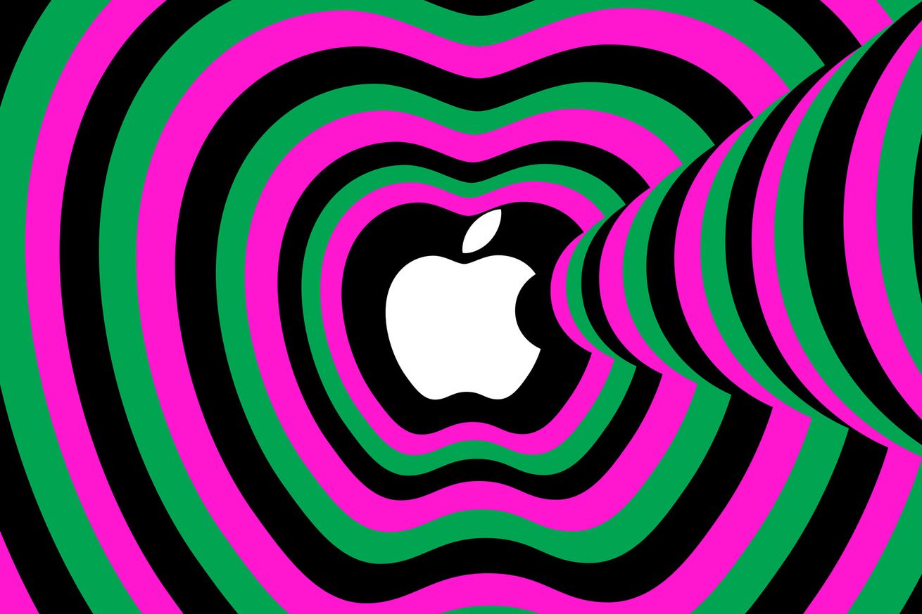 Εικόνα του λογότυπου της Apple που περιβάλλεται από γκρι, ροζ και πράσινα περιγράμματα