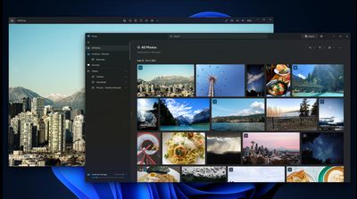 Ένα παράθυρο των Windows 11 δείχνει την επανασχεδιασμένη εφαρμογή Photos της Microsoft. Πίσω από αυτό είναι ένα άλλο παράθυρο που δείχνει μια μεγάλη φωτογραφία.