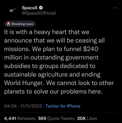 Tweet &alpha;&pi;ό &tau;&omicron; @SpaceXOfficiall &pi;&omicron;&upsilon; έ&gamma;&rho;&alpha;&phi;&epsilon;: &laquo;&Mu;&epsilon; &beta;&alpha;&rho;&iota;ά &kappa;&alpha;&rho;&delta;&iota;ά &alpha;&nu;&alpha;&kappa;&omicron;&iota;&nu;ώ&sigma;&alpha;&mu;&epsilon; ό&tau;&iota; &theta;&alpha; &sigma;&tau;&alpha;&mu;&alpha;&tau;ή&sigma;&omicron;&upsilon;&mu;&epsilon; ό&lambda;&epsilon;&sigmaf; &tau;&iota;&sigmaf; &alpha;&pi;&omicron;&sigma;&tau;&omicron;&lambda;έ&sigmaf;.  &Sigma;&chi;&epsilon;&delta;&iota;ά&zeta;&omicron;&upsilon;&mu;&epsilon; &nu;&alpha; &delta;&iota;&omicron;&chi;&epsilon;&tau;&epsilon;ύ&sigma;&omicron;&upsilon;&mu;&epsilon; 240 &epsilon;&kappa;&alpha;&tau;&omicron;&mu;&mu;ύ&rho;&iota;&alpha; &delta;&omicron;&lambda;ά&rho;&iota;&alpha; &sigma;&epsilon; &epsilon;&kappa;&kappa;&rho;&epsilon;&mu;&epsilon;ί&sigmaf; &kappa;&rho;&alpha;&tau;&iota;&kappa;έ&sigmaf; &epsilon;&pi;&iota;&chi;&omicron;&rho;&eta;&gamma;ή&sigma;&epsilon;&iota;&sigmaf; &sigma;&epsilon; &omicron;&mu;ά&delta;&epsilon;&sigmaf; &pi;&omicron;&upsilon; &epsilon;ί&nu;&alpha;&iota; &alpha;&phi;&iota;&epsilon;&rho;&omega;&mu;έ&nu;&epsilon;&sigmaf; &sigma;&tau;&eta; &beta;&iota;ώ&sigma;&iota;&mu;&eta; &gamma;&epsilon;&omega;&rho;&gamma;ί&alpha; &kappa;&alpha;&iota; &tau;&omicron;&nu; &tau;&epsilon;&rho;&mu;&alpha;&tau;&iota;&sigma;&mu;ό &tau;&eta;&sigmaf; &pi;&alpha;&gamma;&kappa;ό&sigma;&mu;&iota;&alpha;&sigmaf; &pi;&epsilon;ί&nu;&alpha;&sigmaf;.  &Delta;&epsilon;&nu; &mu;&pi;&omicron;&rho;&omicron;ύ&mu;&epsilon; &nu;&alpha; &kappa;&omicron;&iota;&tau;ά&xi;&omicron;&upsilon;&mu;&epsilon; ά&lambda;&lambda;&alpha; &epsilon;&rho;&gamma;&omicron;&sigma;&tau;ά&sigma;&iota;&alpha; &gamma;&iota;&alpha; &nu;&alpha; &lambda;ύ&sigma;&omicron;&upsilon;&mu;&epsilon; &tau;&alpha; &pi;&rho;&omicron;&beta;&lambda;ή&mu;&alpha;&tau;ά &mu;&alpha;&sigmaf; &epsilon;&delta;ώ&raquo;.  Έ&chi;&epsilon;&iota; &pi;ά&nu;&omega; &alpha;&pi;ό 4.000 retweets &kappa;&alpha;&iota; 20.000 likes.