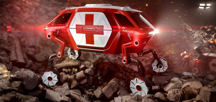 Το πρωτότυπο όχημα Hyundai Elevate, που απεικονίζεται ως όχημα έκτακτης ανάγκης, επιδεικνύει την απόλυτη ικανότητα του οχήματος κινητικότητας να πλοηγείται σε ακανόνιστο έδαφος, όπως σε σενάριο διάσωσης από σεισμό.