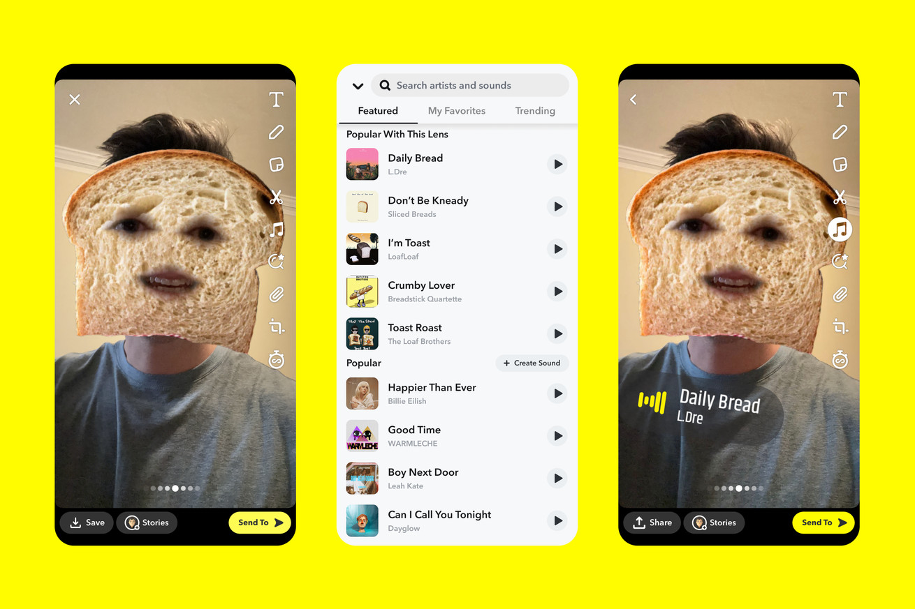 Μια οθόνη Snapchat που εμφανίζει προτεινόμενους ήχους για να προσθέσει ένας χρήστης στο βίντεό του.
