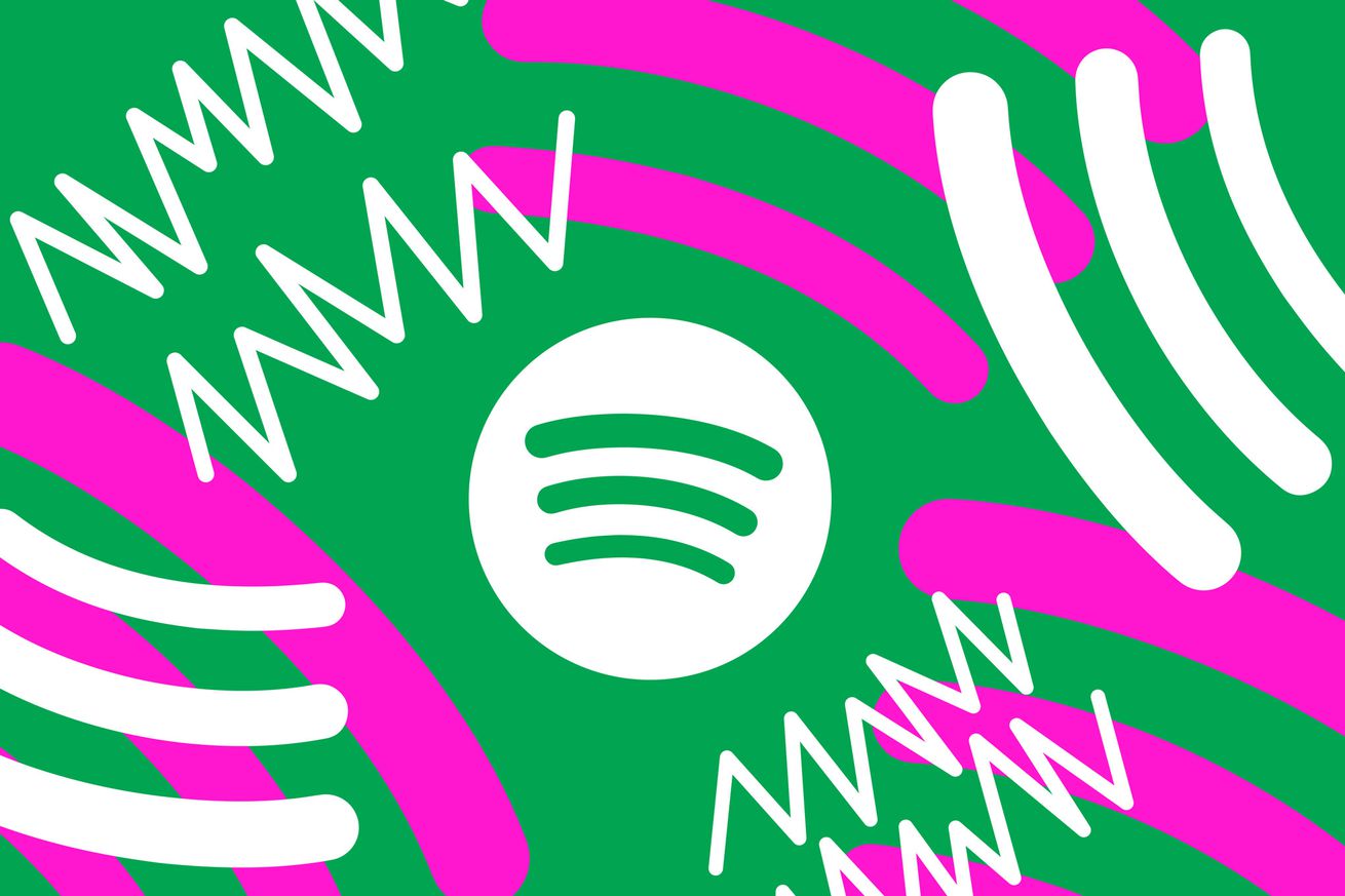 Μια απεικόνιση του λογότυπου Spotify που περιβάλλεται από γραμμές θορύβου σε λευκό, μοβ και πράσινο.