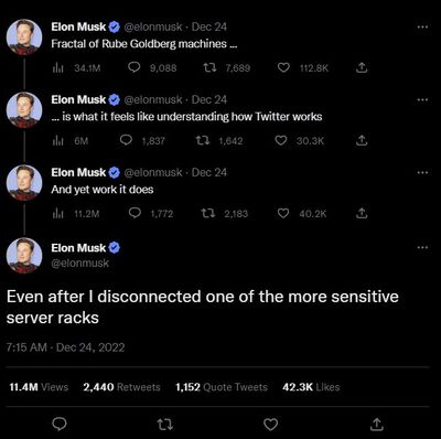 Ο Έλον Μασκ, σε μια σειρά από tweets που αναρτήθηκαν στις 24 Δεκεμβρίου: «Fractal of Rube Goldberg machines…,… είναι όπως νιώθεις να καταλαβαίνεις πώς λειτουργεί το Twitter, και όμως λειτουργεί, ακόμα και αφού αποσύνδεσα ένα από τα πιο ευαίσθητα rack διακομιστών».
