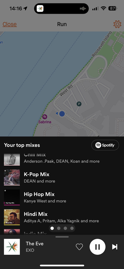 Στιγμιότυπο οθόνης του γραφικού στοιχείου Spotify στην εφαρμογή Strava