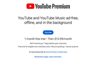 Ένα στιγμιότυπο οθόνης που αναφέρει την τιμή του YouTube Premium στα 13,99 $ το μήνα.