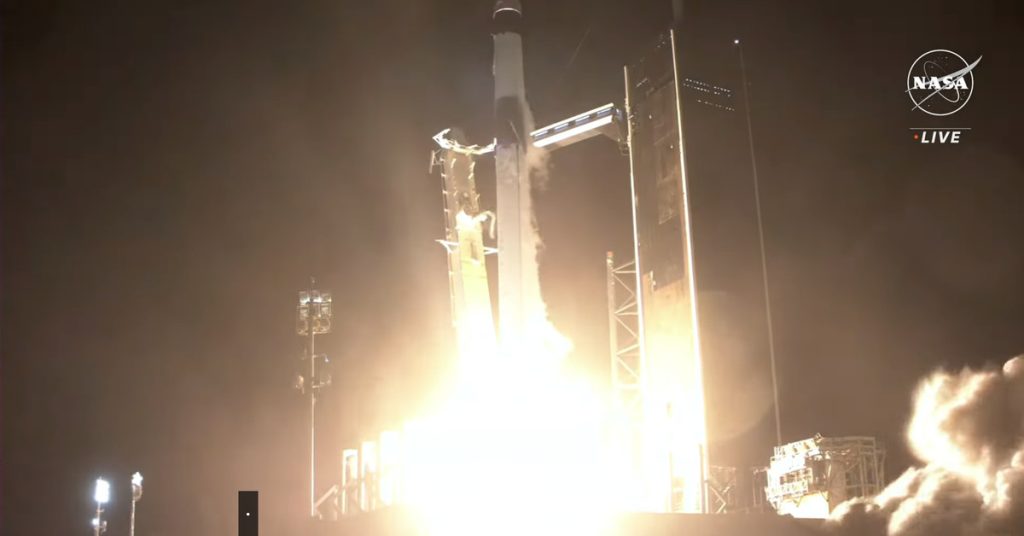 A screenshot of the Falcon-9 rocket lifting off.