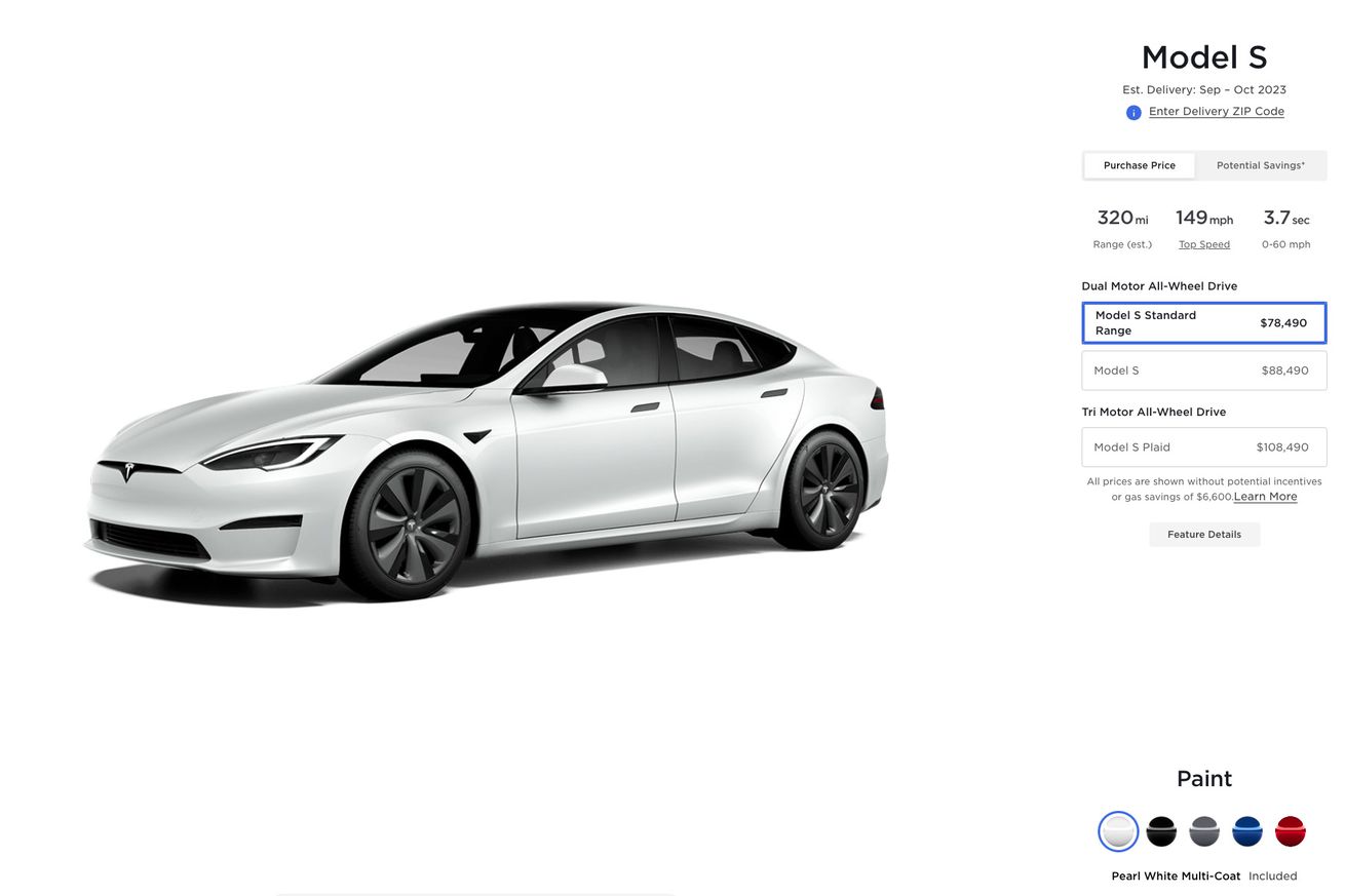 Screenshot of Tesla’s Model S configurator.