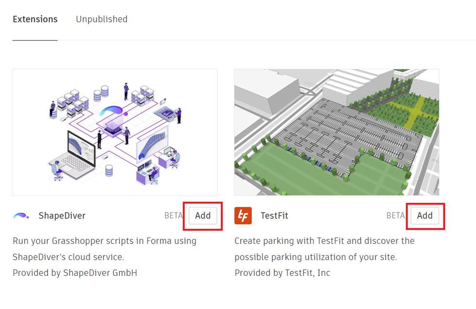 Autodesk Forma – Χρήση επεκτάσεων