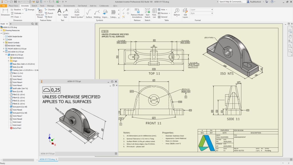 Το Autodesk Inventor 2022 δημιουργεί αυτόματα προβολές σχεδίασης από προβολές μοντέλων, συμπεριλαμβανομένων σχολιασμών