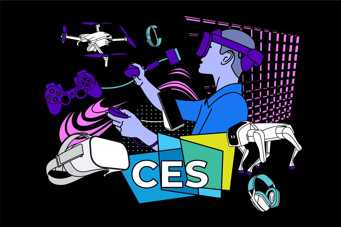 Ένα εικονογραφημένο κολάζ από gadget γύρω από ένα λογότυπο για το CES. Υπάρχει drone, χειριστήριο, ακουστικά VR και πολλά άλλα.