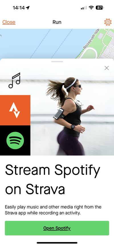 Στιγμιότυπο οθόνης της ενσωμάτωσης Spotify και Strava στην εφαρμογή