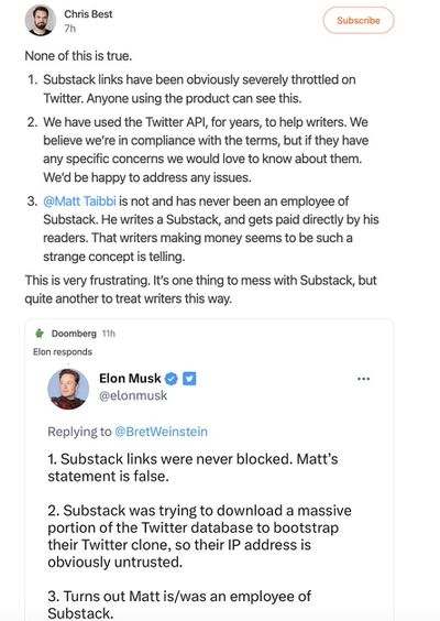 Ένα στιγμιότυπο οθόνης μιας ανάρτησης στο Substack Notes από τον CEO Chris Best, που απαντά σε ένα tweet του Elon Musk.
