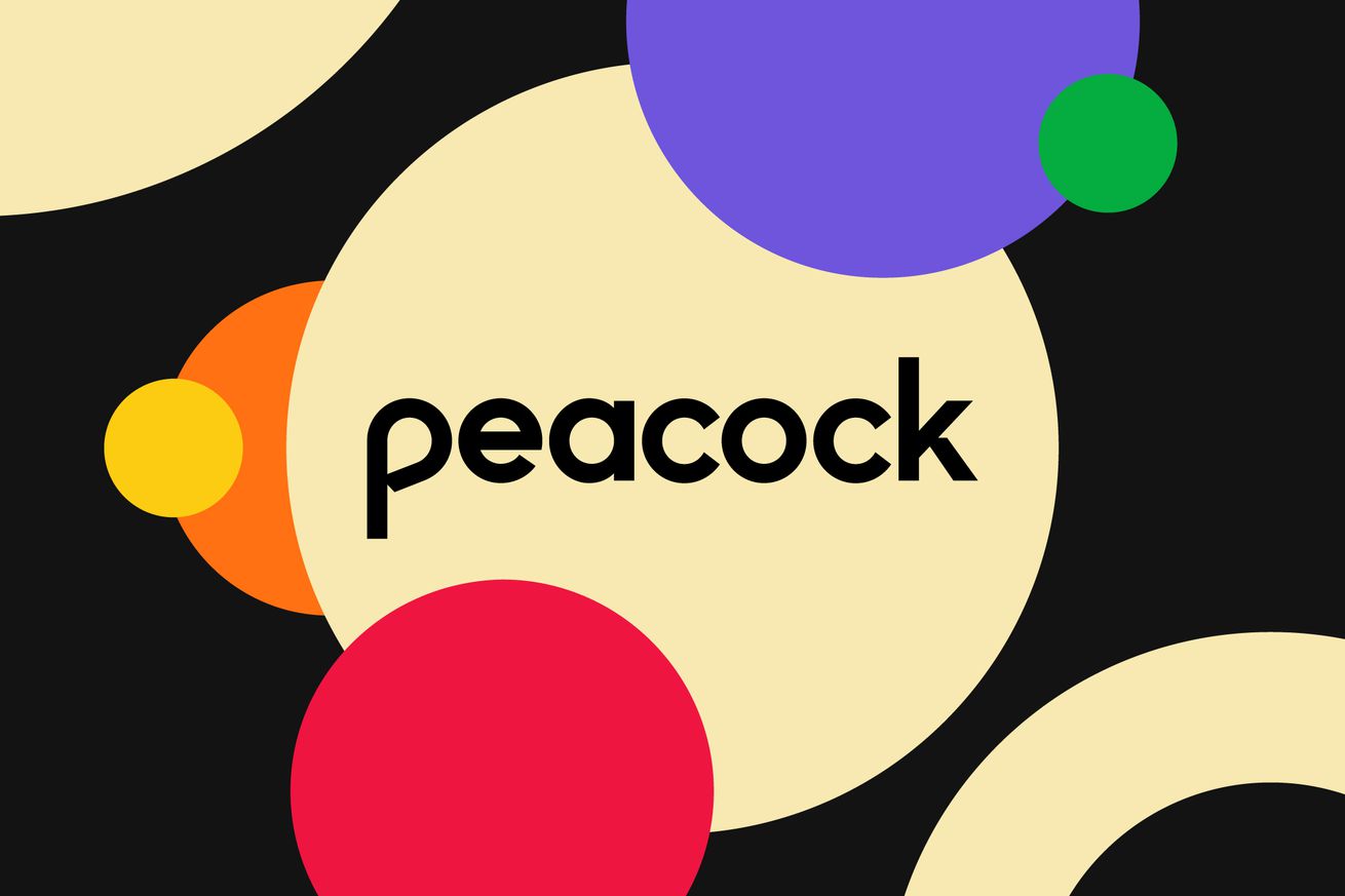 Ένα γραφικό που δείχνει το λογότυπο του Peacock σε έναν μπεζ κύκλο που περιβάλλεται από άλλους πολύχρωμους κύκλους