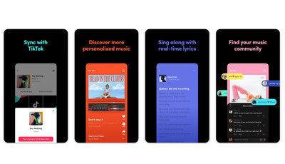Τέσσερα στιγμιότυπα οθόνης που δείχνουν τη διεπαφή της εφαρμογής για τη μουσική TikTok