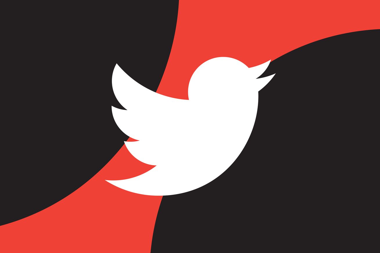 Λογότυπο πουλιών Twitter σε λευκό, πάνω από κόκκινο και μαύρο φόντο.
