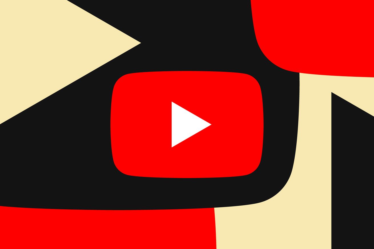 Εικόνα λογότυπου YouTube σε κόκκινο χρώμα πάνω σε γεωμετρικό κόκκινο, μαύρο και κρεμ φόντο